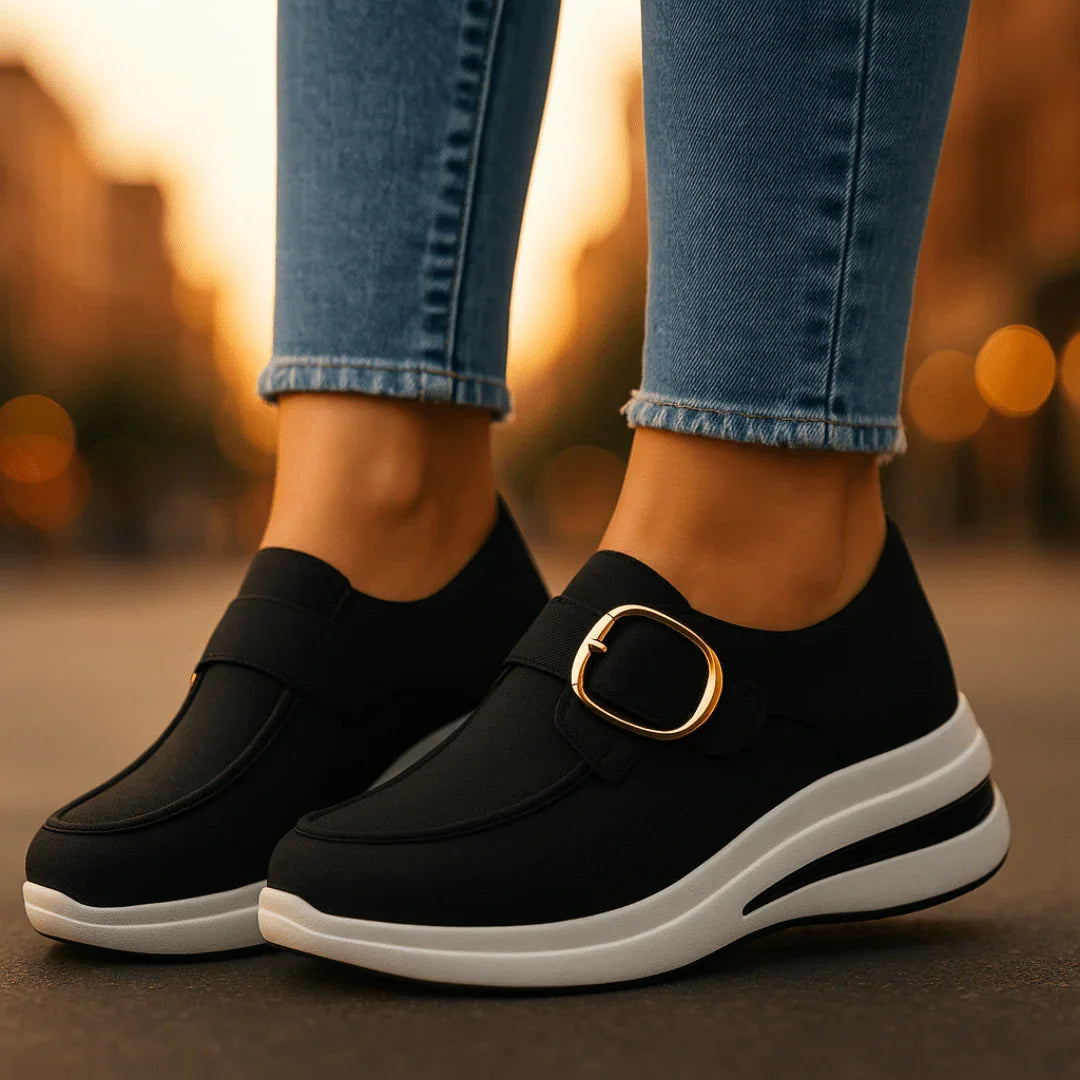 Scarpe Donna Platform in Finta Pelle Scamosciata – Zeppa con Fibbia Oro