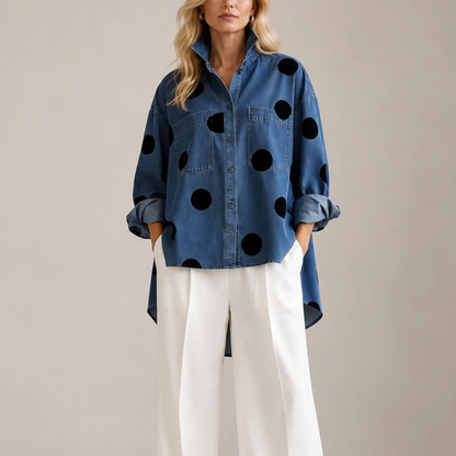 Dame Denim Skjorte med Prikket Mønster og Knapper – Denim Stil