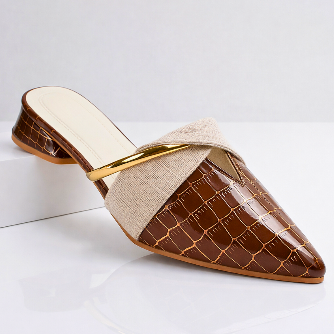 Damesandaler til sommer Slip-On med kilehæl, firkantet tå og krokodilleeffekt – Åben bagpå og lav hæl