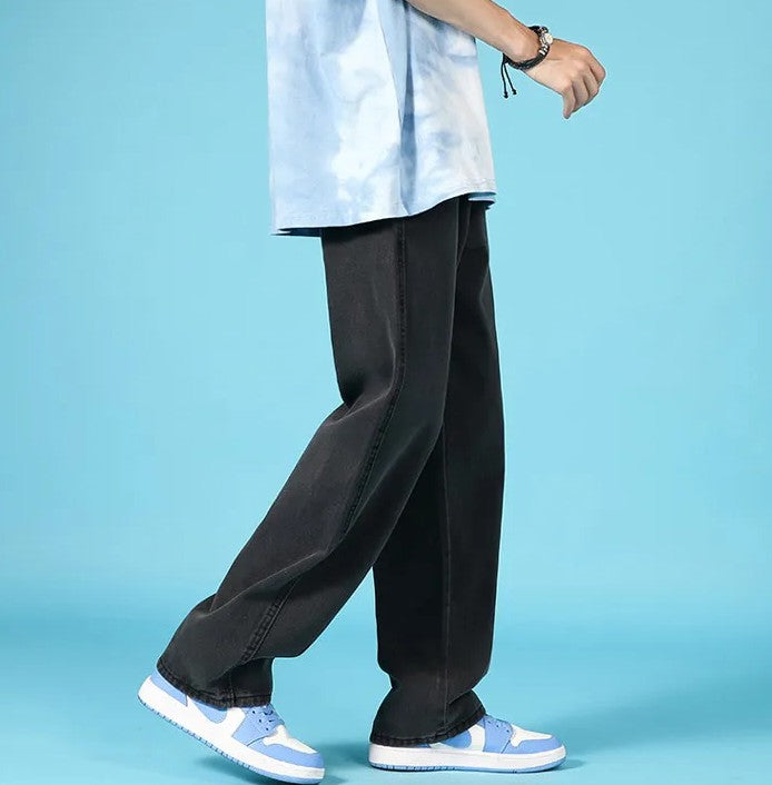 Herrejeans i denim med lige ben, loose fit, hiphop-stil cargo med lynlås