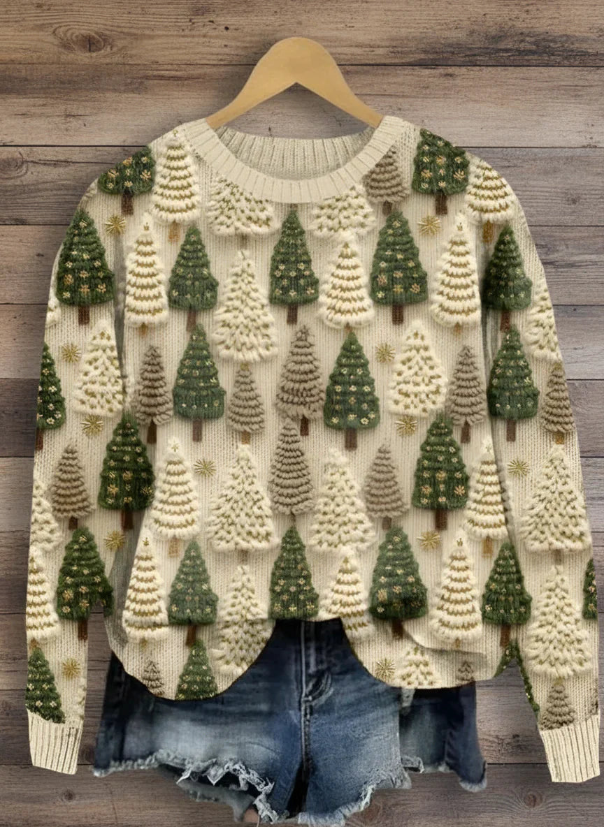 Maglione Donna Natalizio con Motivo Albero, Girocollo e Maniche Lunghe – Stile Festivo