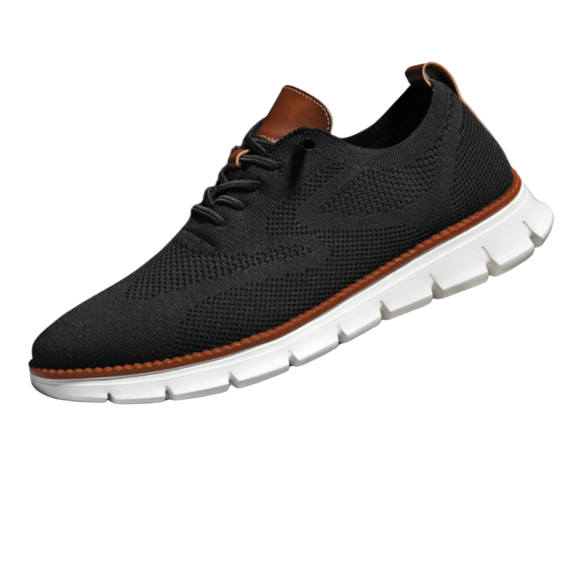 Scarpa sportiva nera da uomo con suola bianca, design traspirante in maglia, dettagli marroni, ideale per corsa e attività all'aperto.