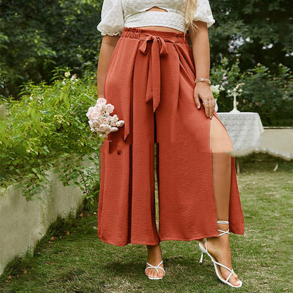 High-Waisted Women's Pants with Buckle, Wide Leg, and Cropped Length