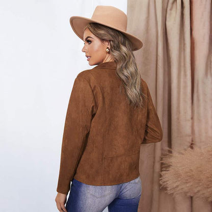Women's Autumn Jacket in Faux Suede Leather with Long Sleeves and Solid Color