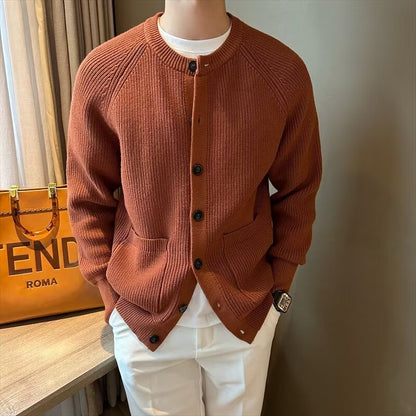Men's Knit Cardigan Coat with Round Neck and Long Sleeves