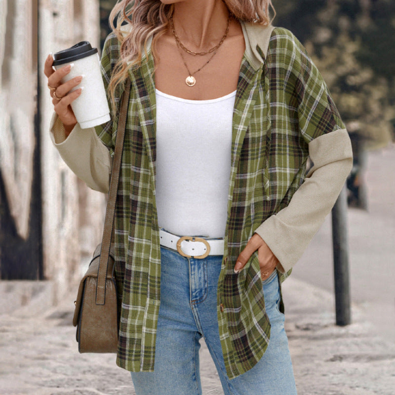 Camicia da Donna a Maniche Lunghe a Quadri Verdi con Maniche Regolari e Vestibilità Larga