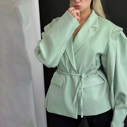 Chaqueta ligera de mujer para primavera con escote en V, cierre de lazada y mangas largas