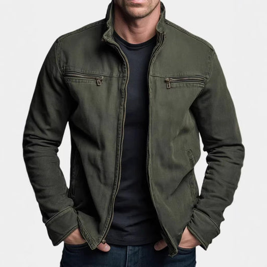 Men's vintage work jacket for spring, with a zip closure, loose fit, and long sleeves.