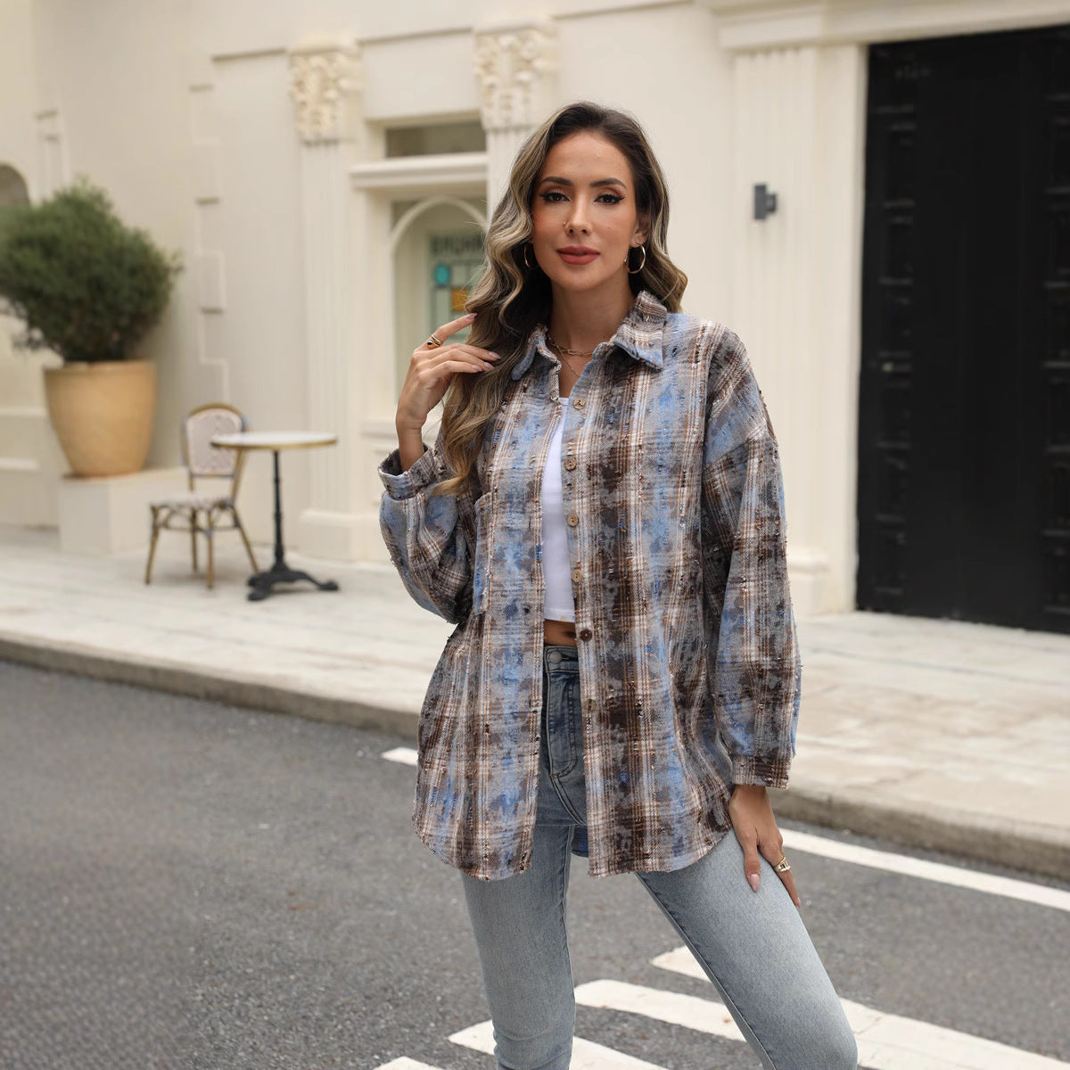 Women's Long Sleeve Checkered Shirt with Ripped Detail and Front Pocket