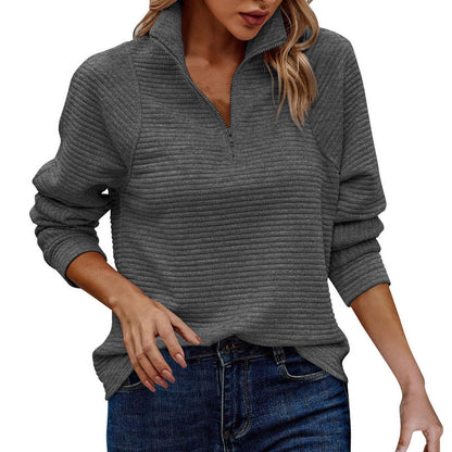 Women's Pullover Sweatshirt with High Neck Zip and Long Striped Sleeves