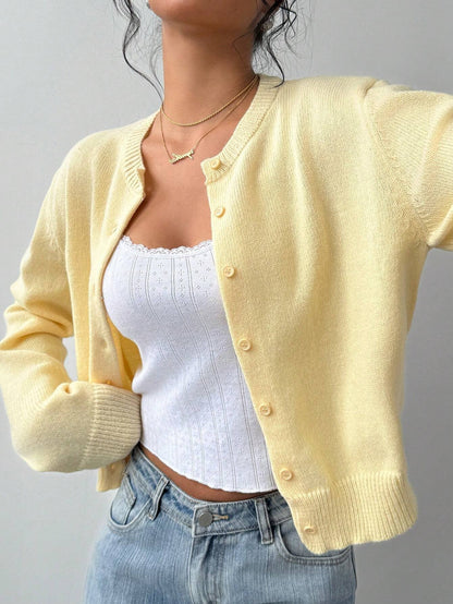 Cárdigan de punto ajustado para mujer con cuello redondo y mangas largas
