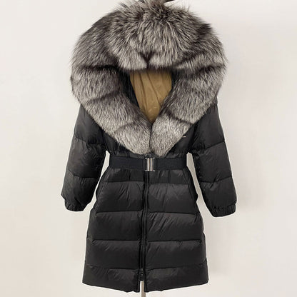 Women's Winter Coat with Long Hood and Removable Fur Collar