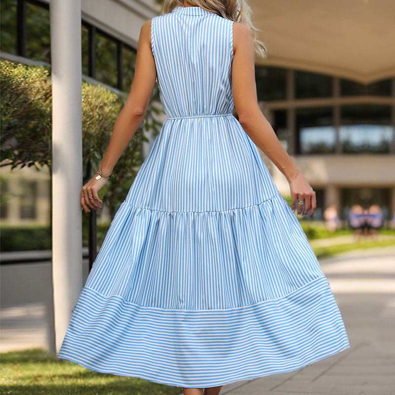 Women's Sleeveless Vertical Stripe Midi Dress with High Waist – Elegant A-Line Dress