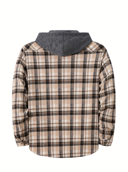 Men's Autumn Flannel Shirt-Jacket with Hood and Checkered Pattern