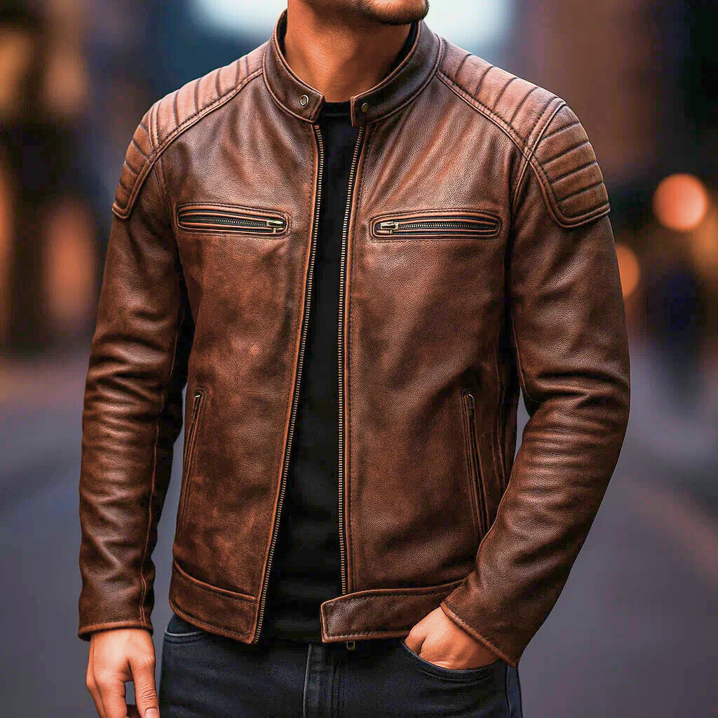 Men's Faux Leather Jacket with Reinforced Shoulders and Motorcycle Zip Details