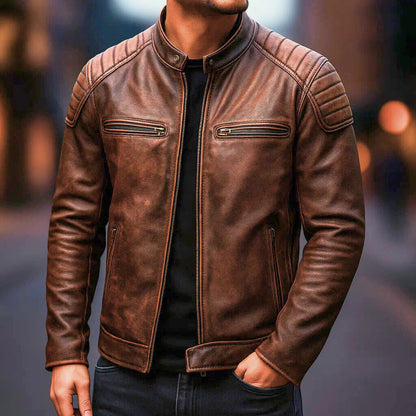 Men's Faux Leather Jacket with Reinforced Shoulders and Motorcycle Zip Details