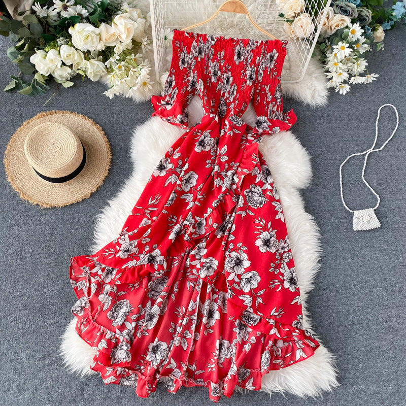 Abito Midi Donna con Spalle Scoperte, Maniche Corte e Volant – Stile Estivo