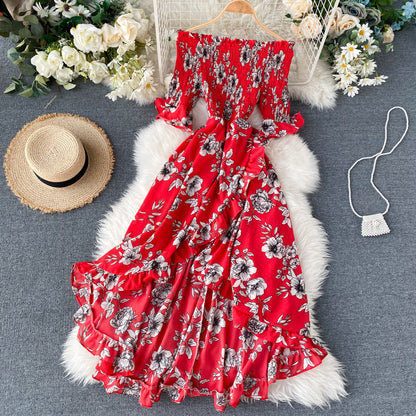 Abito Midi Donna con Spalle Scoperte, Maniche Corte e Volant – Stile Estivo