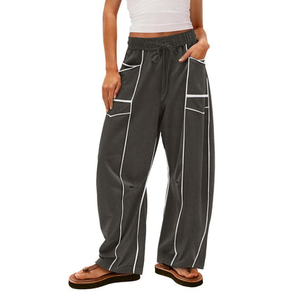 Women's Wide-Leg Pants with Drawstring and Stripe Pattern