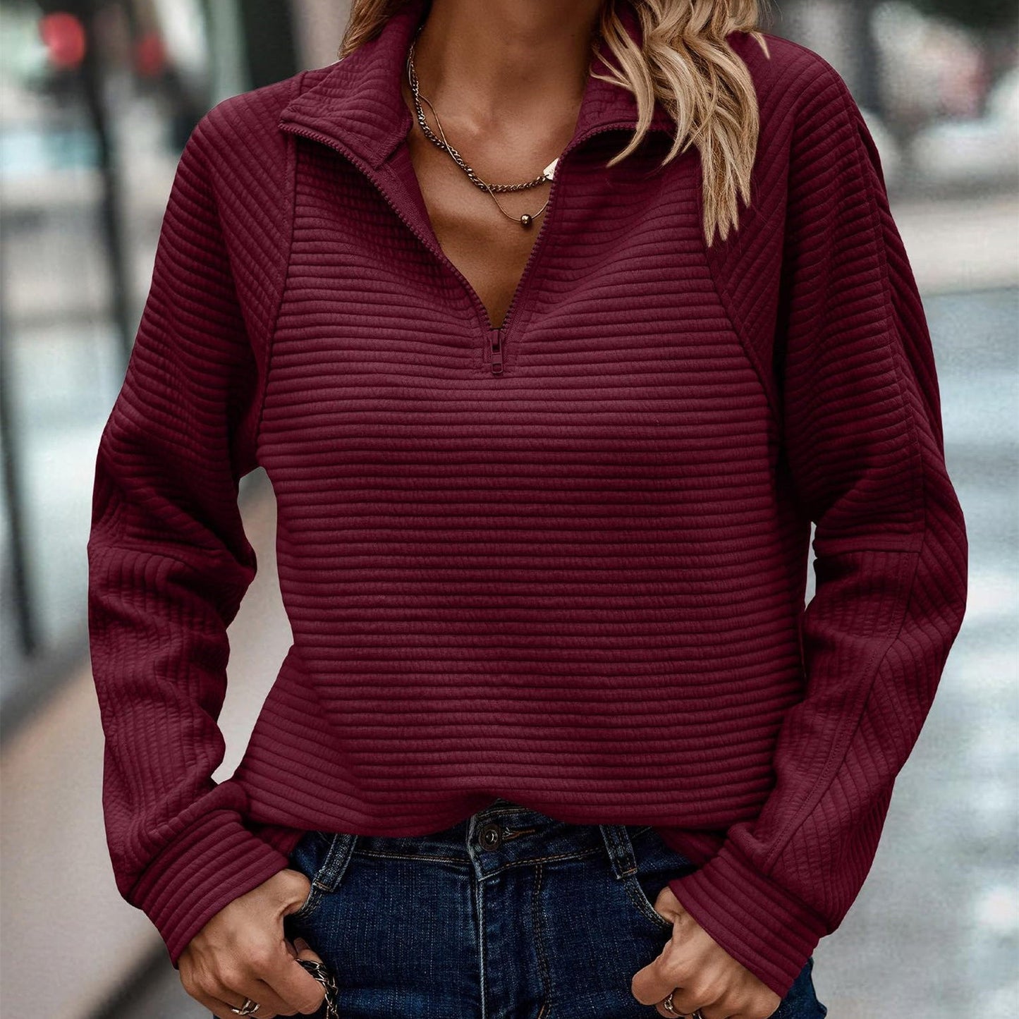 Women's Pullover Sweatshirt with High Neck Zip and Long Striped Sleeves