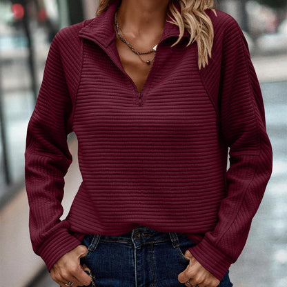 Women's Pullover Sweatshirt with High Neck Zip and Long Striped Sleeves