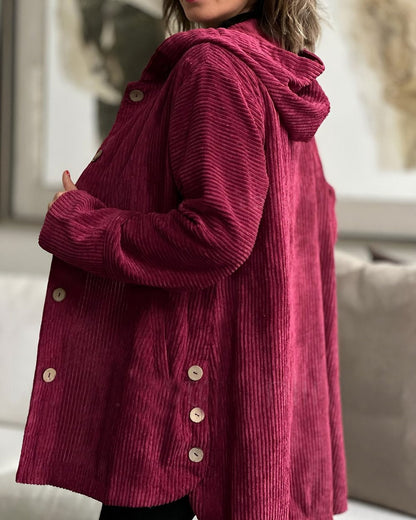Women's Autumn Corduroy Jacket with Hood and Pockets – Solid Color