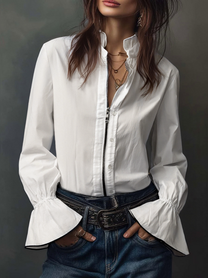 Women's Blouse with Zip Closure, Convertible Neckline, and Ruffled Cuffs – Cotton Style