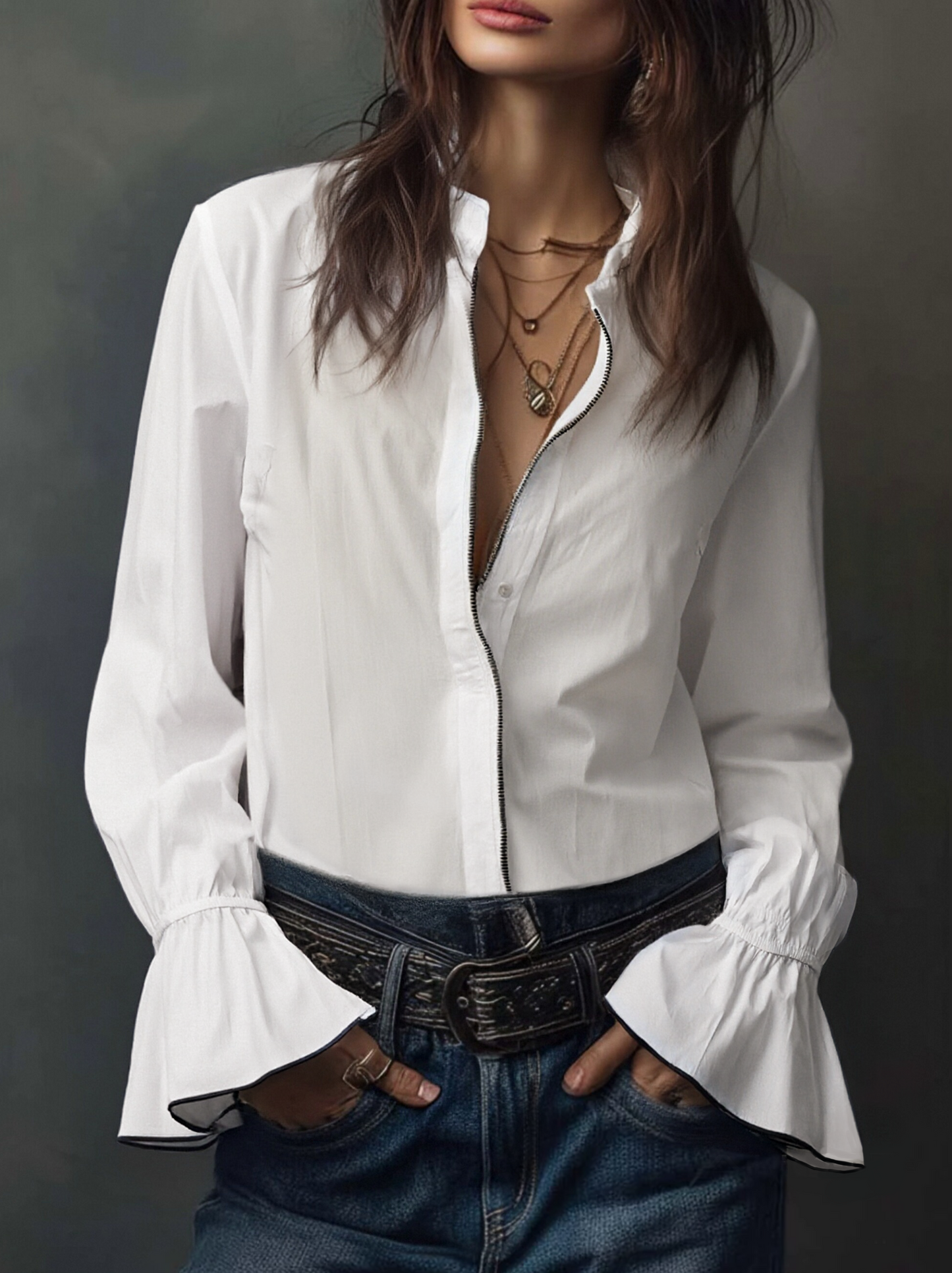 Women's Blouse with Zip Closure, Convertible Neckline, and Ruffled Cuffs – Cotton Style