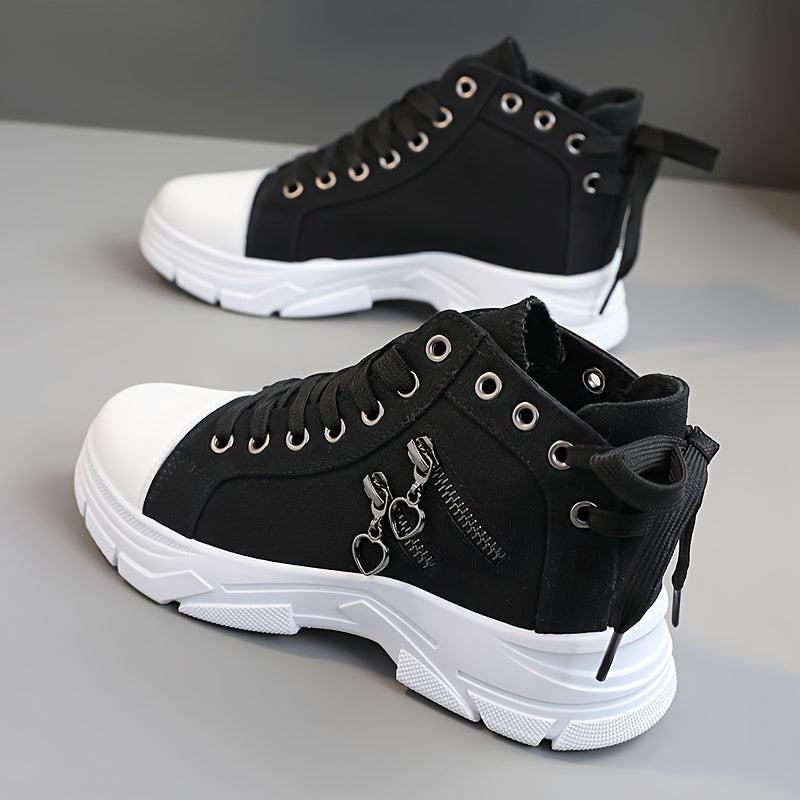Women's Sneakers with Platform, Raised Sole, Front Lacing, and Side Zip