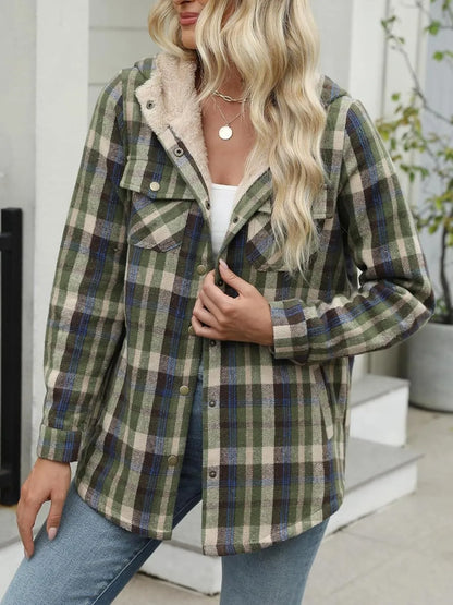 Women's Autumn Plaid Jacket with Hood and Fleece Lining – Long Sleeves with Pockets