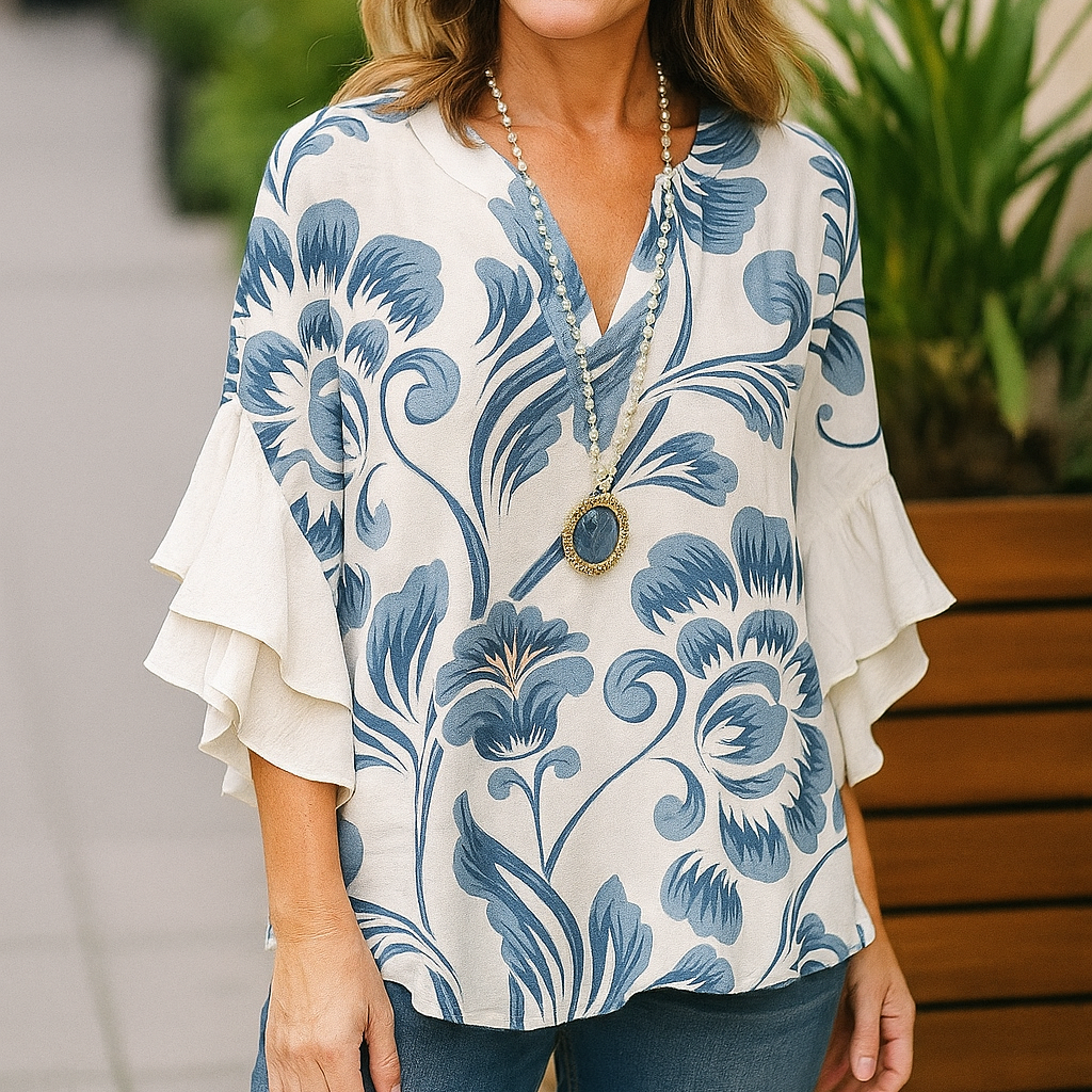 Blusa Donna Primaverile Taglio Morbido con Scollo a V, Maniche Pipistrello e Stampa Floreale – Stile Cotone