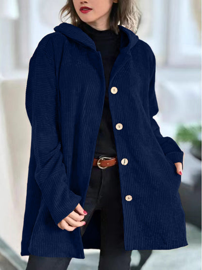 Women's Autumn Corduroy Jacket with Hood and Pockets – Solid Color