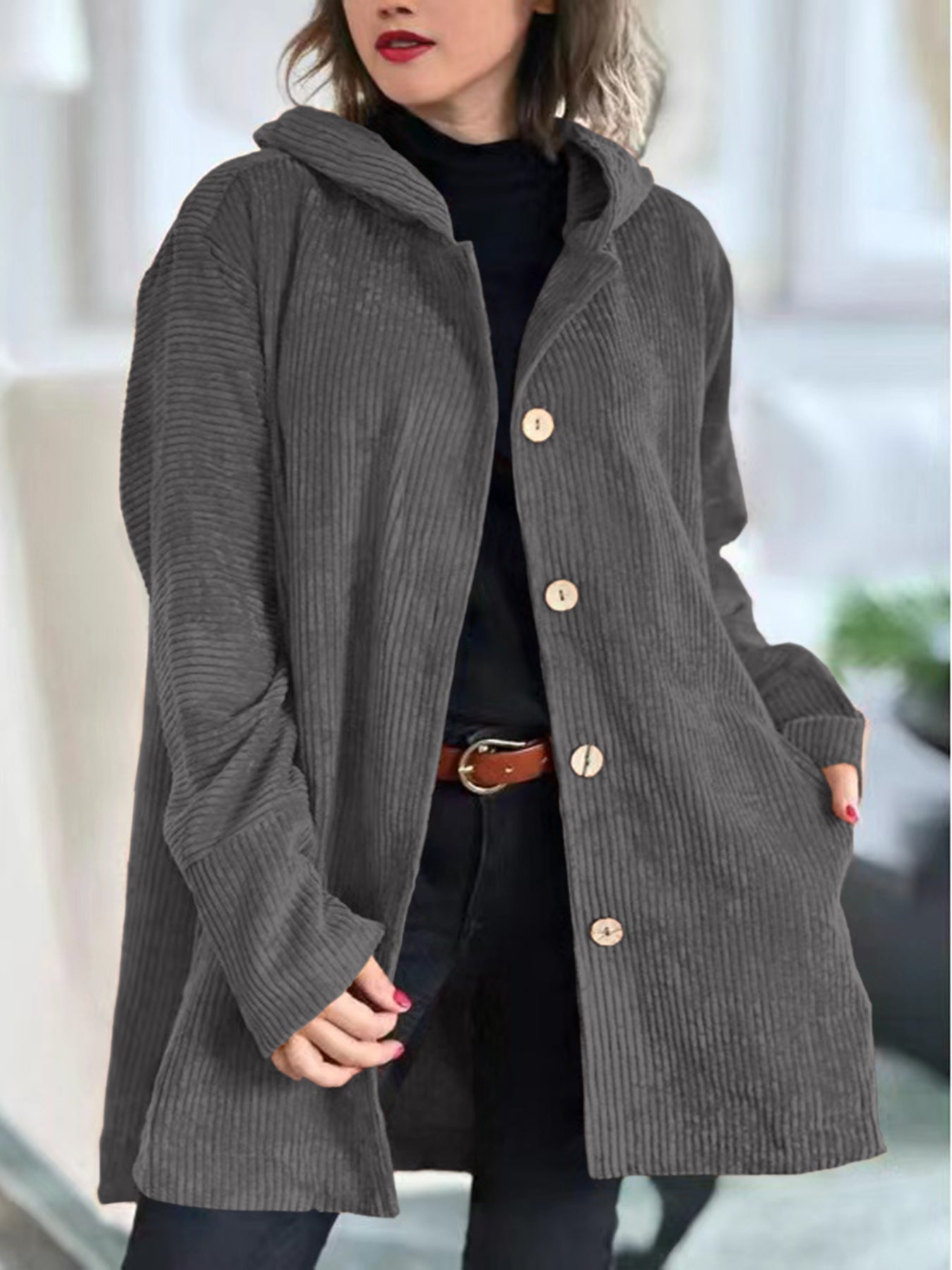 Women's Autumn Corduroy Jacket with Hood and Pockets – Solid Color