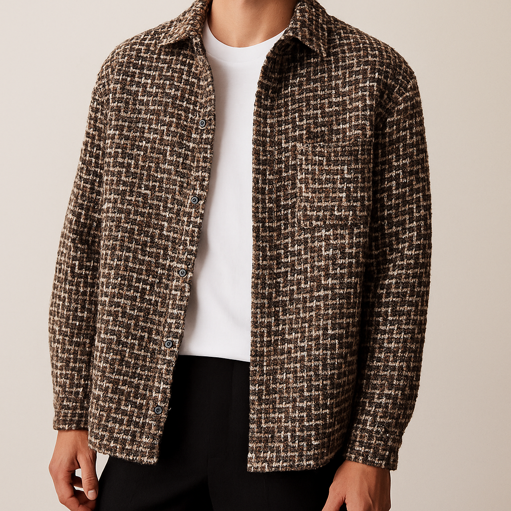 Camicia Giacca Uomo Invernale con Motivo Pied-de-Poule e Chiusura a Bottoni – Stile Versatile