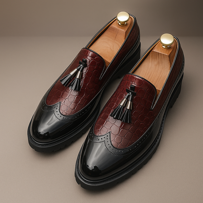 Men's Loafers with Crocodile Effect Upper, Tassels, and Hand Stitching
