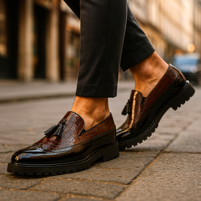 Men's Loafers with Crocodile Effect Upper, Tassels, and Hand Stitching
