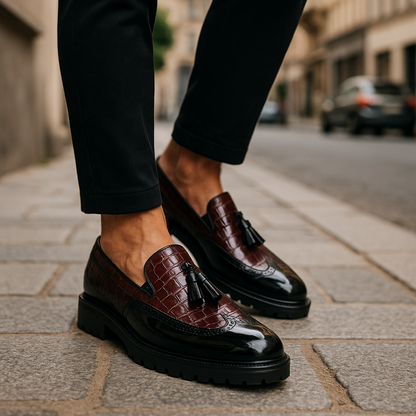 Men's Loafers with Crocodile Effect Upper, Tassels, and Hand Stitching