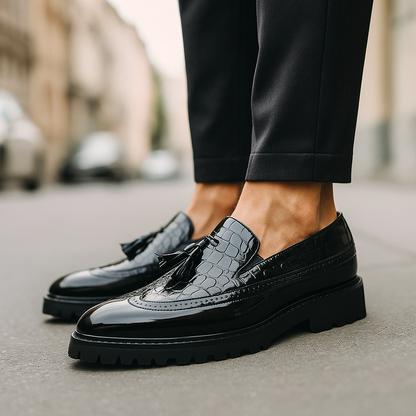 Men's Loafers with Crocodile Effect Upper, Tassels, and Hand Stitching