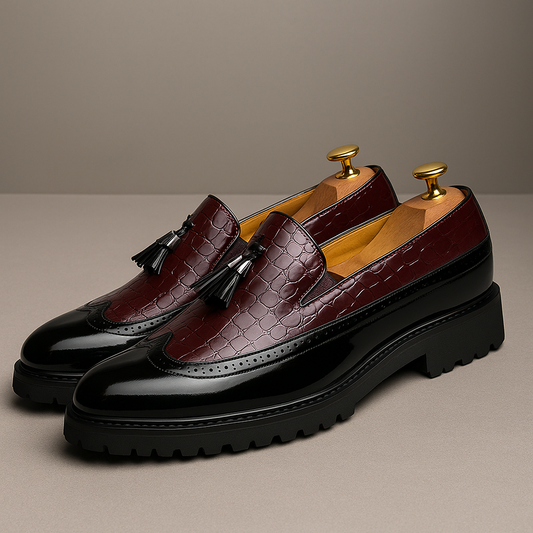 Men's Loafers with Crocodile Effect Upper, Tassels, and Hand Stitching