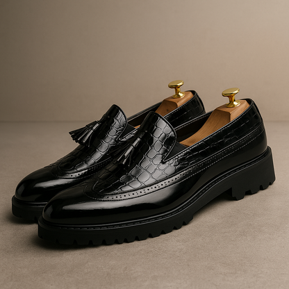 Men's Loafers with Crocodile Effect Upper, Tassels, and Hand Stitching