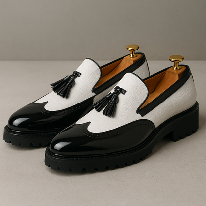 Men's Loafers with Crocodile Effect Upper, Tassels, and Hand Stitching