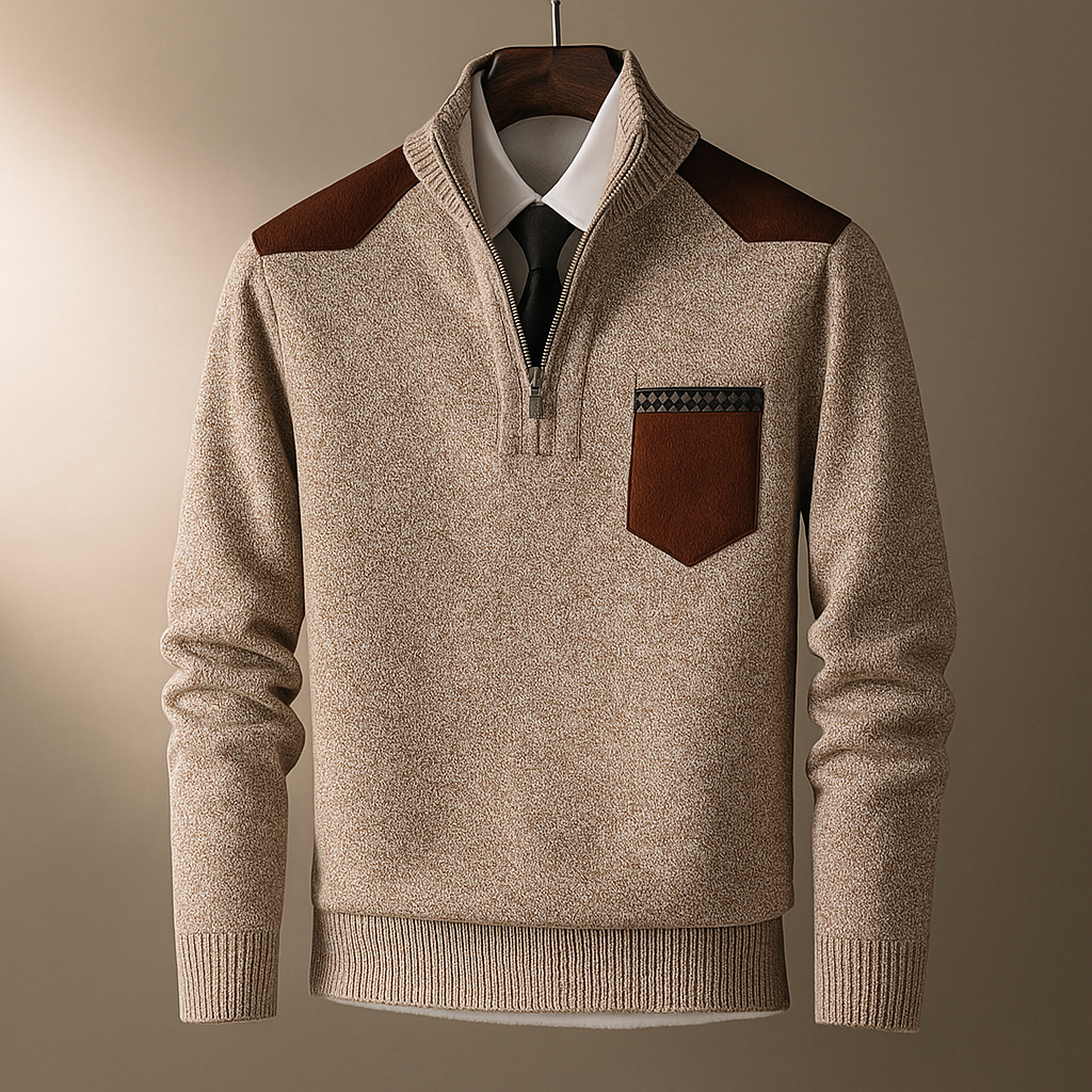 Maglione Uomo con Mezza Zip e Pannelli a Contrasto – Orlo a Coste e Design Versatile