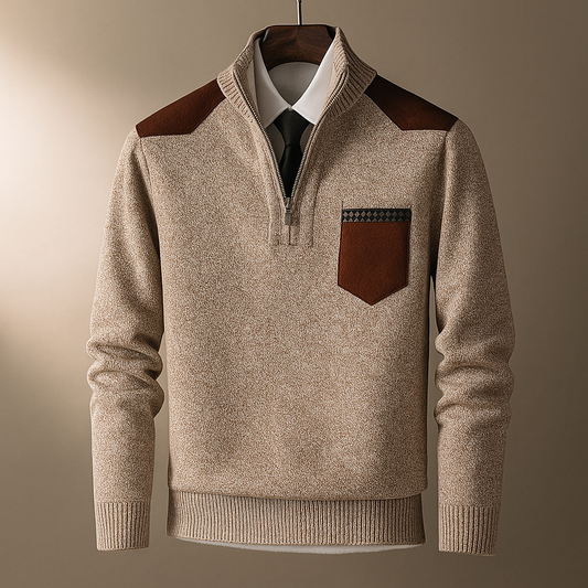 Maglione Uomo con Mezza Zip e Pannelli a Contrasto – Orlo a Coste e Design Versatile