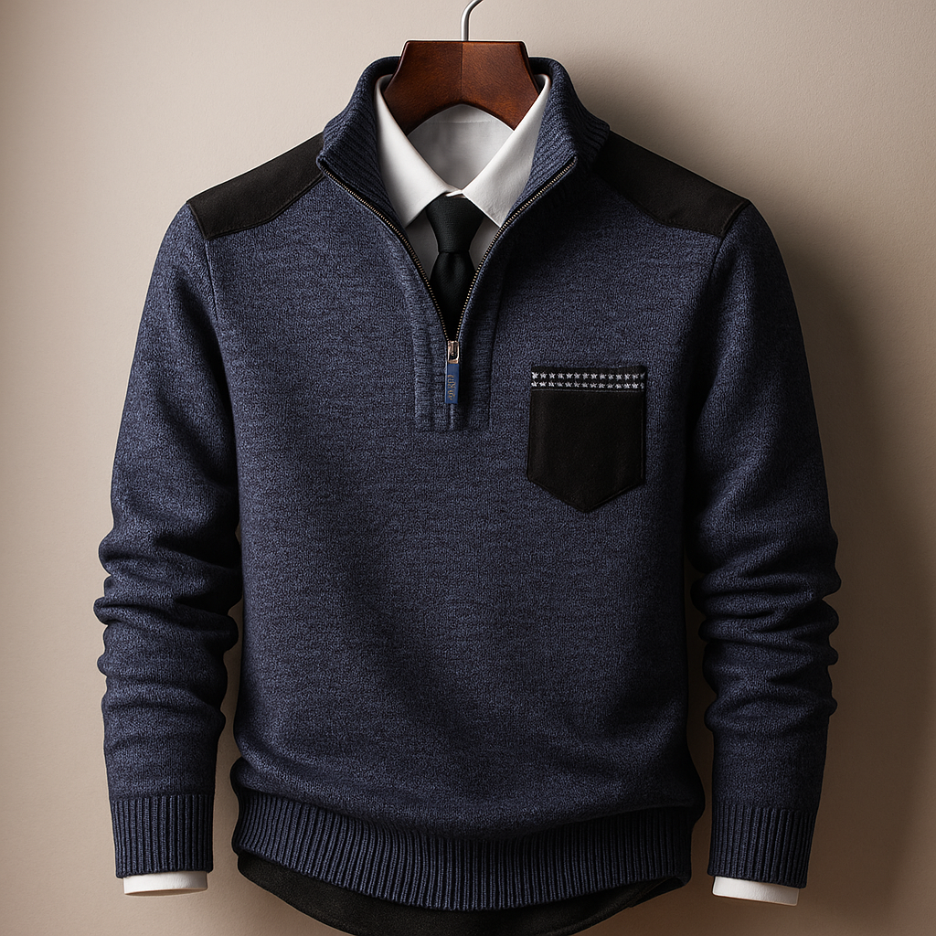 Maglione Uomo con Mezza Zip e Pannelli a Contrasto – Orlo a Coste e Design Versatile