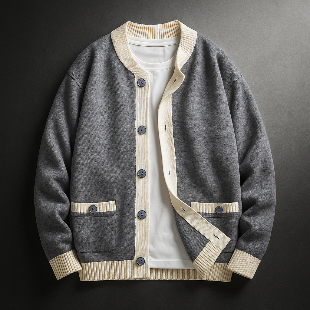 Men's Autumn Cardigan with Buttons and Two-Tone Contrast Edging – Structured Design