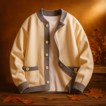Men's Autumn Cardigan with Buttons and Two-Tone Contrast Edging – Structured Design