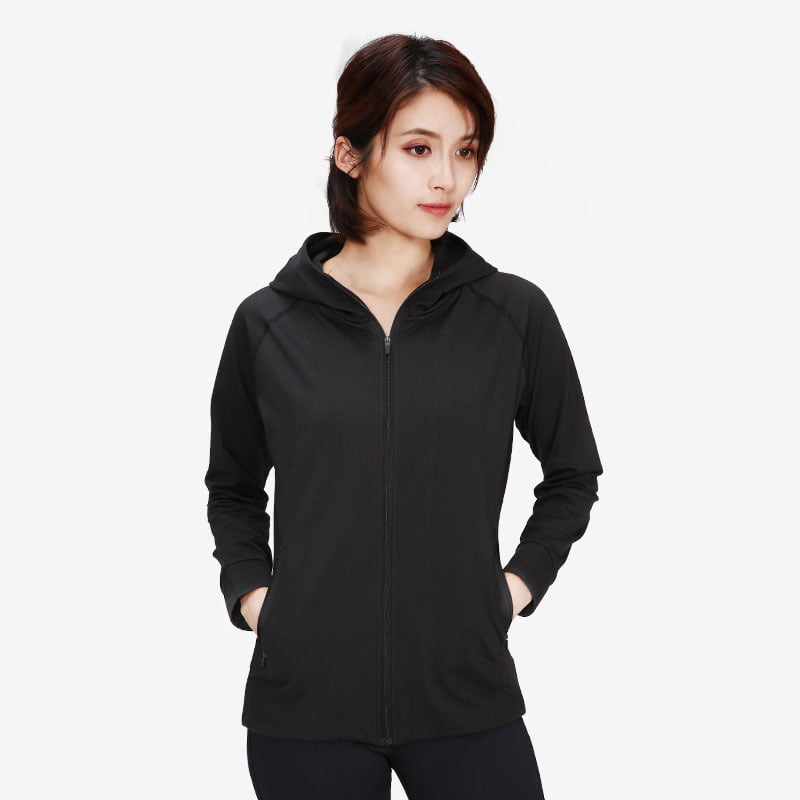 Women's Long Sleeve Winter Yoga Jacket with Hood, Plush Lining, and High Collar