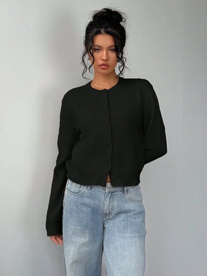 Cárdigan de punto ajustado para mujer con cuello redondo y mangas largas