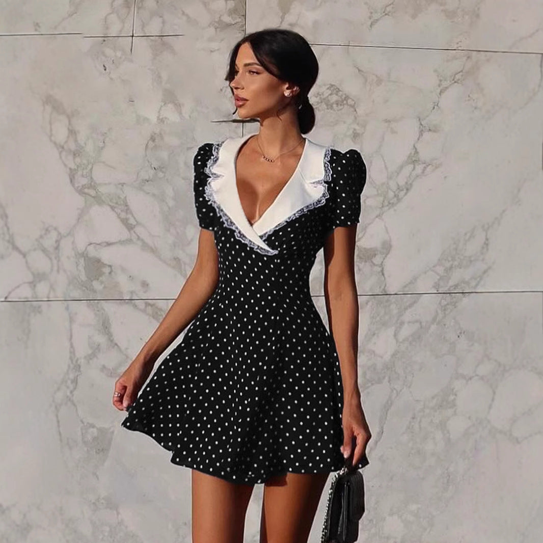 Abito Midi Donna a Pois con Scollo a V, Pizzo e Maniche a Palloncino