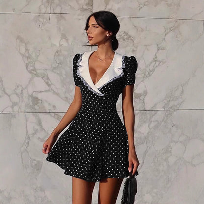Abito Midi Donna a Pois con Scollo a V, Pizzo e Maniche a Palloncino